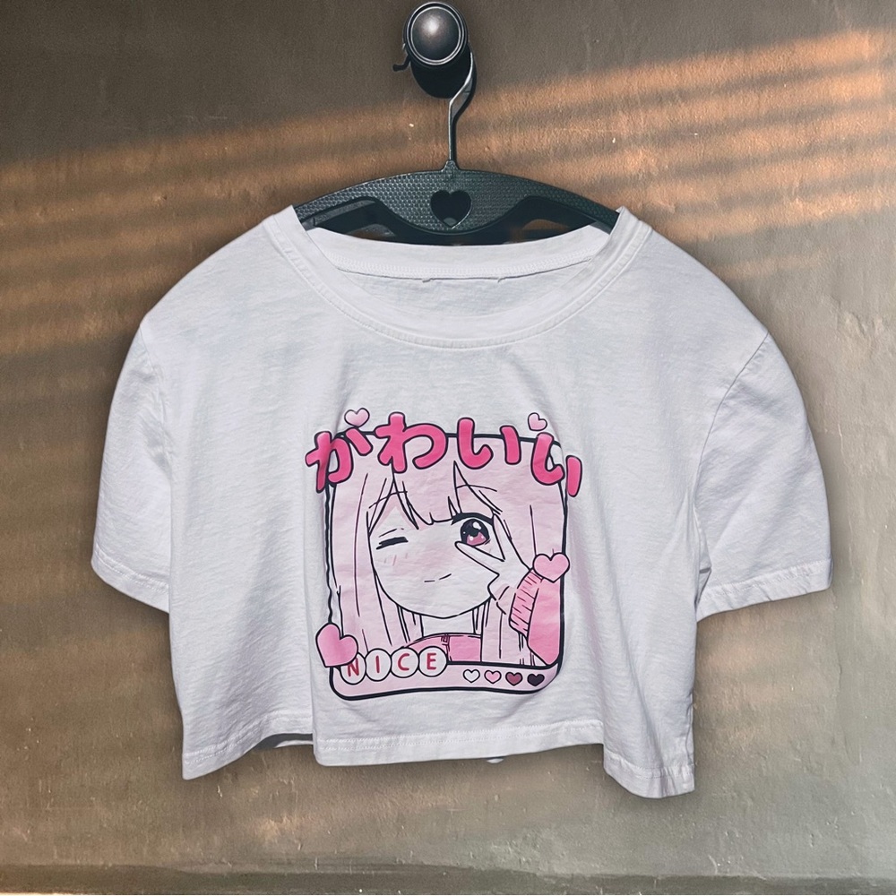 💕 Kawaii anime girl baby pink pastel crop top heart peace graphic gamer y2k tee